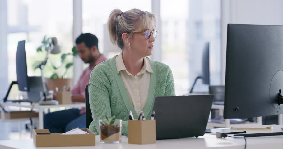 Laptop, business woman and typing with research, coworking or gossip project in celebrity journalism. Copywriter, technology and proposal for online article, blog or review scandal for story feedback