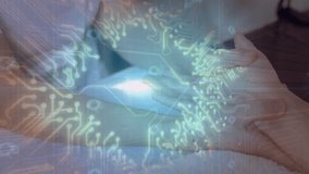 Hands on abdomen glowing and forming rotating brain hologram with circuit lines for medical data. Futuristic, health, technology, innovation, medical, neural, digital - Powered by Shutterstock - Get 15% off with code: PIKWIZARD15