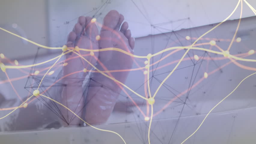 Woman bathing flexing feet on bathtub rim, initiating network animating nodes for health tech. Digital, wellness, relaxation, futuristic, serenity, minimalist, technology