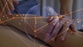 Massage therapist starting calf kneading as digital globe mapping muscle network in health session. Wellness, therapy, digital, network, connectivity, relaxation, health - Powered by Shutterstock - Get 15% off with code: PIKWIZARD15