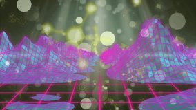 Camera gliding between cyan magenta wireframe ridges over pink grid revealing sunrise effect. Futuristic, digital, vibrant, abstract, cybernetic, dynamic, luminous - Powered by Shutterstock - Get 15% off with code: PIKWIZARD15