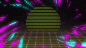 Striped sun hovering over magenta grid sparking neon ribbon spiraling through towers guiding view. Futuristic, cyberpunk, abstract, neon, digital, geometric, vibrant - Powered by Shutterstock - Get 15% off with code: PIKWIZARD15