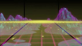 Glowing white ribbon arc emerging, elongating yellow bars and guiding camera through virtual city. Futuristic, cyber, digital, sci-fi, neon, abstract, technology - Powered by Shutterstock - Get 15% off with code: PIKWIZARD15