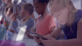 Children tapping tablets in classroom with code scrolling over screens and visualizing data graphs. Education, technology, innovation, youth, digitallearning, collaboration, analytics - Powered by Shutterstock - Get 15% off with code: PIKWIZARD15