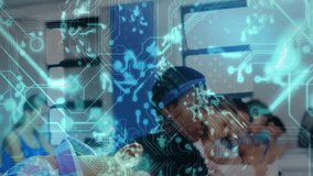 Students writing in classroom under circuit-board overlay, tired boy slumping over desk losing pen. Education, learning, technology, innovation, study, concentration, academic - Powered by Shutterstock - Get 15% off with code: PIKWIZARD15