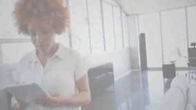 Office worker tapping tablet in tech demo, creating network overlay while analyzing connection data. Futuristic, technology, connectivity, digital, professional, innovation, sleek - Powered by Shutterstock - Get 15% off with code: PIKWIZARD15