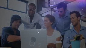 Team pointing at laptop starting data visualization overlays analyzing insights in tech office. Collaboration, teamwork, innovation, digital, analytics, modernity, brainstorming - Powered by Shutterstock - Get 15% off with code: PIKWIZARD15