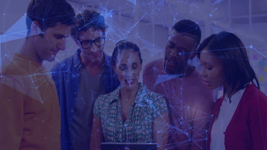 Woman tapping tablet and guiding team toward business insights while network overlay intensifying. Collaboration, teamwork, digital interface, innovation, modern office, data analysis, brainstorming - Powered by Shutterstock - Get 15% off with code: PIKWIZARD15