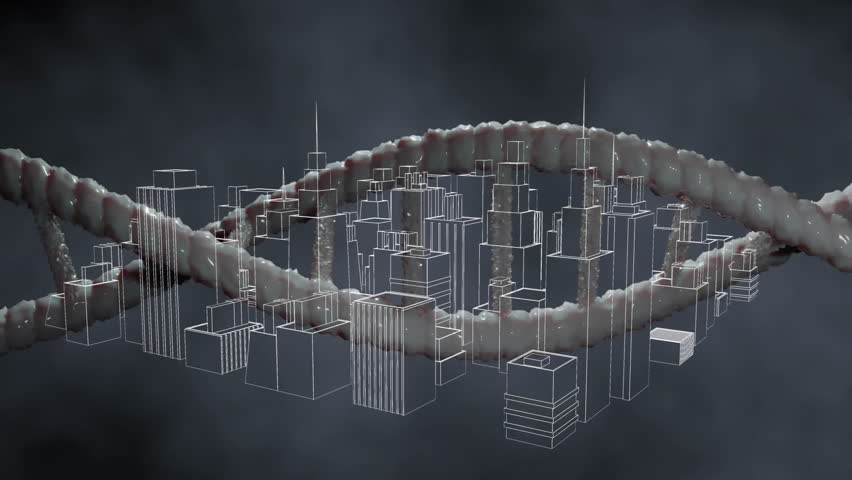 Appearing DNA helix rotating over glowing wireframe city skyline visualizing biotech integration. Futuristic, digital, abstract, innovation, technology, cyberpunk, conceptual - Powered by Shutterstock - Get 15% off with code: PIKWIZARD15