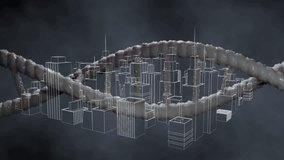 Appearing DNA helix rotating over glowing wireframe city skyline visualizing biotech integration. Futuristic, digital, abstract, innovation, technology, cyberpunk, conceptual - Powered by Shutterstock - Get 15% off with code: PIKWIZARD15
