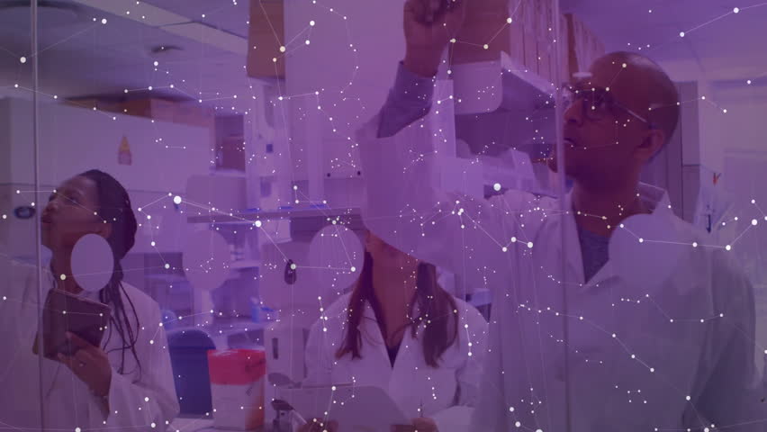 Lab team using tablet, notes with scientist touching glass causing data panel updating for analysis. Collaboration, innovation, data analytics, futuristic, technology, science, research - Powered by Shutterstock - Get 15% off with code: PIKWIZARD15