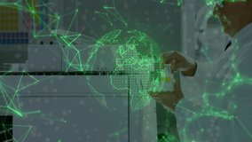 Digital overlay appearing lab scientist inspecting and loading tubes into analyzer for global tests. Medical, biotechnology, futuristic, technology, research, innovation, precision - Powered by Shutterstock - Get 15% off with code: PIKWIZARD15