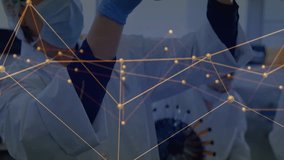 Female scientist starting holding blue and orange flasks, comparing hues with animated data overlay. Scientist, laboratory, analytical, research, chemistry, data visualization, experimentation - Powered by Shutterstock - Get 15% off with code: PIKWIZARD15