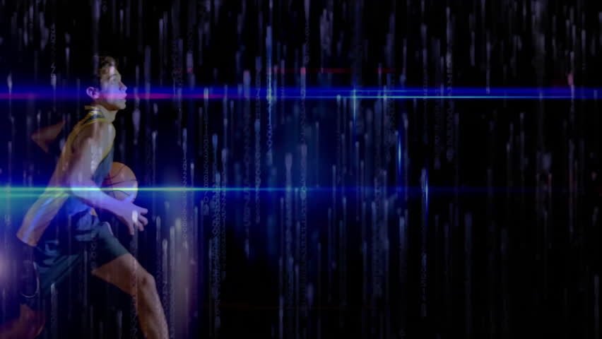 Sports athlete sprinting from left gripping ball causing glitch rain while performing dunk to score. Dynamic, athleticism, motion, futuristic, intensity, urban, powerful