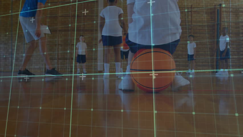 Coach conducting PE class balance drill, student kneeling on basketball balancing with grid overlay. Training, athleticism, teamwork, discipline, fitness, precision, youth