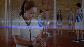 Coach scanning players and timing drill while binary data overlay animating on basketball court. Sports, mentorship, performance, digital, training, coaching, teamwork - Powered by Shutterstock - Get 15% off with code: PIKWIZARD15
