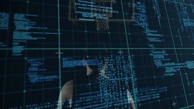 Male basketball player aligning free-throw and releasing ball through code grid for sports training. Athleticism, digital, virtual, futuristic, motion, energy, technology - Powered by Shutterstock - Get 15% off with code: PIKWIZARD15