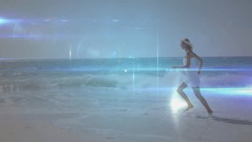 Woman running barefoot on wet sand activating pulsing nodes and expanding digital network overlay. Technology, connectivity, futurism, digital, networking, innovation, lifestyle - Powered by Shutterstock - Get 15% off with code: PIKWIZARD15