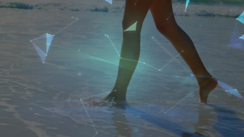 Woman's legs walking through surf on shore activating tech points evolving into wireframe globe. Digital, futuristic, minimalistic, innovation, eco, wellness, contemplative - Powered by Shutterstock - Get 15% off with code: PIKWIZARD15