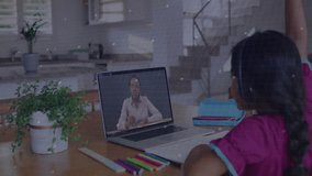 Girl sitting, teacher speaking and activating interface while student raising hand joining class. E-learning, digital education, remote classroom, modern technology, virtual interaction, interactive - Powered by Shutterstock - Get 15% off with code: PIKWIZARD15