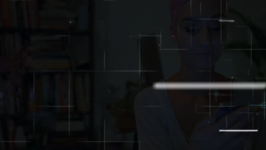 Woman lifting smartphone in library and tapping button, recalibrating tech UI panel with HUD graphs. Futuristic, interface, digital, technology, innovation, immersive, high-tech