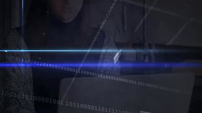 Woman opening laptop and typing while developing software, binary code shifting under blue bars. Technology, digital, cybersecurity, innovation, craft, modern, concentration - Powered by Shutterstock - Get 15% off with code: PIKWIZARD15