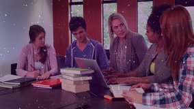 Study group initiating collaboration by typing and writing while data panels appearing over books. Collaboration, teamwork, education, innovation, digital, learning, brainstorming - Powered by Shutterstock - Get 15% off with code: PIKWIZARD15