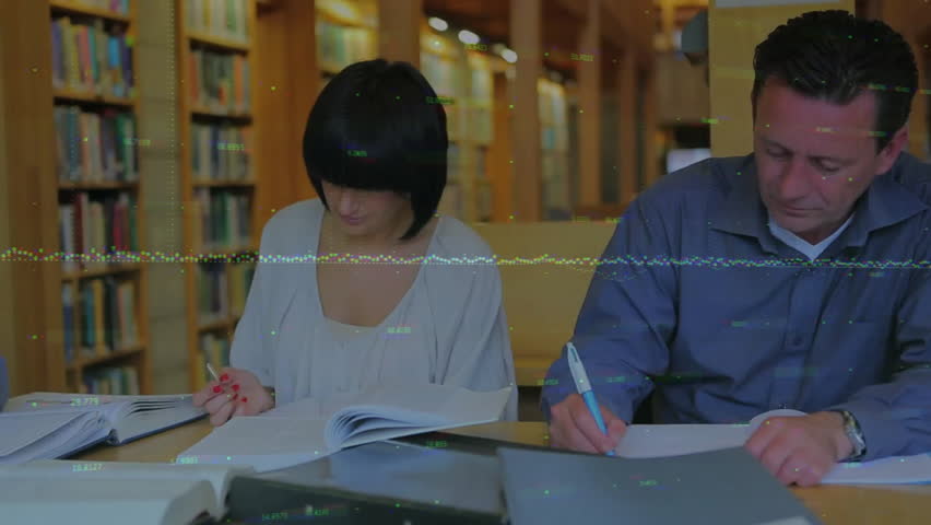 Woman reaching red pen and scanning textbook pages, man writing notes for joint library study. Learning, collaboration, literacy, education, focus, scholarly, concentration