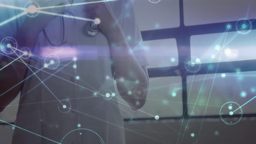 Medical professional grasping stethoscope as closeup shot pulling back, showcasing network overlay. Healthcare, telemedicine, digital health, medical technology, professional, clinical, innovation