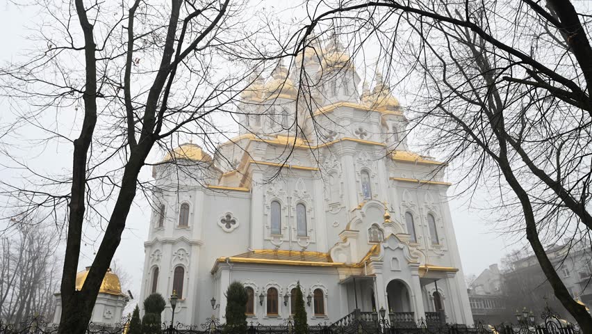 A view of the Church of the Holy Myrrh-Bearing Women in the frontline city of Kharkiv. Its golden domes offer a symbol of faith and resilience amidst the war in Ukraine.