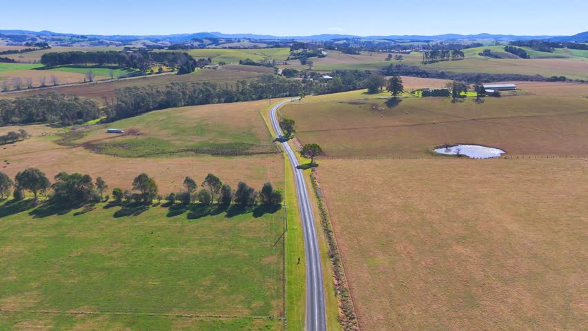 Drone footage glides above a winding rural road bordered by open fields, scattered trees, and a small pond under bright daylight in Dorrigo, Australia