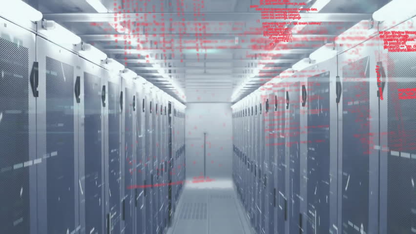 Faint red code appearing near right rack and spreading across aisle, showing real time data flow. Futuristic, technological, digital, cyber, data center, cybernetic, clean