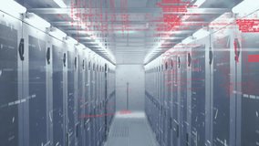 Faint red code appearing near right rack and spreading across aisle, showing real time data flow. Futuristic, technological, digital, cyber, data center, cybernetic, clean - Powered by Shutterstock - Get 15% off with code: PIKWIZARD15