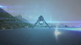 Male athlete squatting on coastal road activating fitness technology network overlay while running. Athlete, technology, fitness, digital, motion, endurance, outdoor - Powered by Shutterstock - Get 15% off with code: PIKWIZARD15