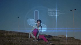 Woman adjusting sneaker laces and activating digital blocks forming DNA helix for genetic viewing. Athletic, technology, futuristic, health, innovation, outdoors, inspiration - Powered by Shutterstock - Get 15% off with code: PIKWIZARD15