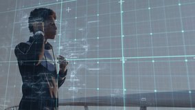 Man tapping wireless earbud on rooftop terrace and activating AR grid overlays for tech display. Futuristic, technology, innovation, urban, lifestyle, digital, sleek - Powered by Shutterstock - Get 15% off with code: PIKWIZARD15