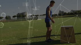 Athlete initiating squat and jump on plyometric box with motion-tracking graphics for fitness. Training, agility, performance, fitness, outdoor, dynamic, muscular - Powered by Shutterstock - Get 15% off with code: PIKWIZARD15