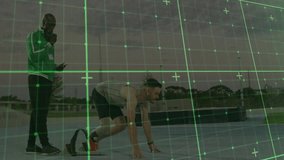 Coach giving phone start command while athlete fixing prosthetic blade and pushing off track blocks. Athletics, innovation, performance, determination, training, technology, speed - Powered by Shutterstock - Get 15% off with code: PIKWIZARD15