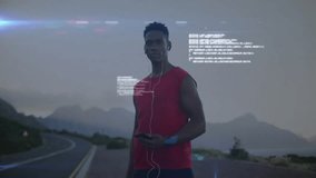Athlete using smartphone on highway, initiating code forming hologram globe around torso for tech. Futuristic, technology, innovation, digital, connectivity, adventure, sleek - Powered by Shutterstock - Get 15% off with code: PIKWIZARD15