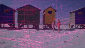 Pink grid manifesting across beach tech inspiring siblings running holding hands toward camera. Coast, childhood, outdoor, playful, vibrant, casual, recreation - Powered by Shutterstock - Get 15% off with code: PIKWIZARD15