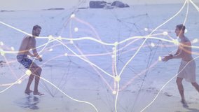 Friends gripping blue frisbee and throwing for sports tech while network overlay guiding catching. Athletic, leisure, digital, harmony, motion, outdoor, energy - Powered by Shutterstock - Get 15% off with code: PIKWIZARD15