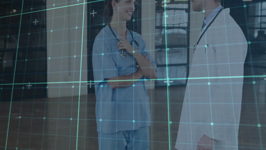 nurse chatting with doctor in medical hall as teal grid pulsing male nurse entering for handshake. Collaboration, teamwork, healthcare, professional, diagnostics, hospital, connectivity - Powered by Shutterstock - Get 15% off with code: PIKWIZARD15