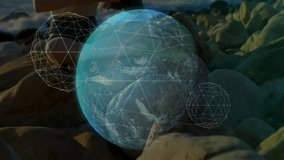 Woman practicing meditation on rocky sunset shore generating tech hologram globe and scrolling data. Futuristic, serenity, digital, landscape, innovation, tranquility, minimalism - Powered by Shutterstock - Get 15% off with code: PIKWIZARD15