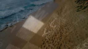 Three companions walking shore map overlay fading in and animating data charts for technology. Beach, coastline, waves, footprints, dunes, ocean, summer - Powered by Shutterstock - Get 15% off with code: PIKWIZARD15