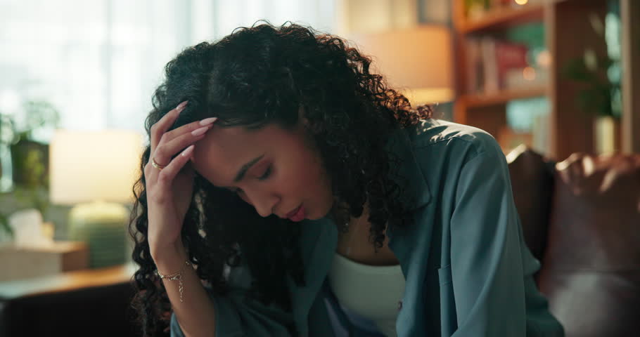 Woman, headache and stress on sofa, home and regret with mistake, anxiety or worry in living room. Person, migraine and pain with fatigue, burnout and exhausted with sad memory on couch at apartment