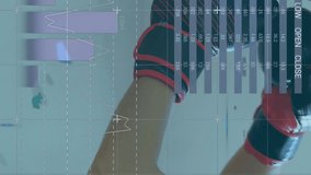 Animation of digital interface with statistics scanning and data processing over female boxer resting. Global computer network technology concept digitally generated image. - Powered by Shutterstock - Get 15% off with code: PIKWIZARD15