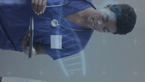 Animation of dna strand and data over african american female and male doctor using tablet talking. Medical and healthcare services concept digitally generated video. - Powered by Shutterstock - Get 15% off with code: PIKWIZARD15
