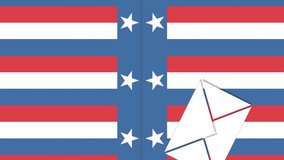 Animation of envelopes falling over people wearing face masks and American flag in the background. Postal voting elections in Covid 19 pandemic concept digitally generated image. - Powered by Shutterstock - Get 15% off with code: PIKWIZARD15