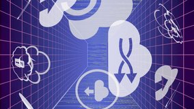 Animation of globe with cloud icons and data processing over computer servers. Global connections, digital interface, data processing and computing concept digitally generated video. - Powered by Shutterstock - Get 15% off with code: PIKWIZARD15