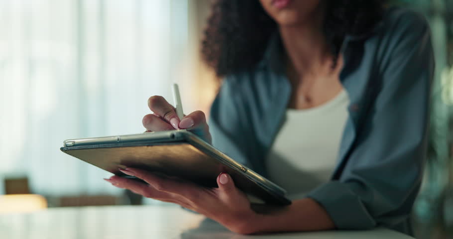 Hands, planning and tablet with real estate agent in home for lease, rental agreement or sale. App, pen and writing with realtor woman in apartment for residential property listing or management